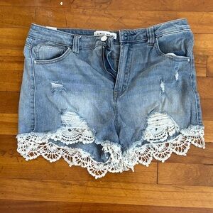 Almost Famous Distressed Denim Shorts with Lace Trim